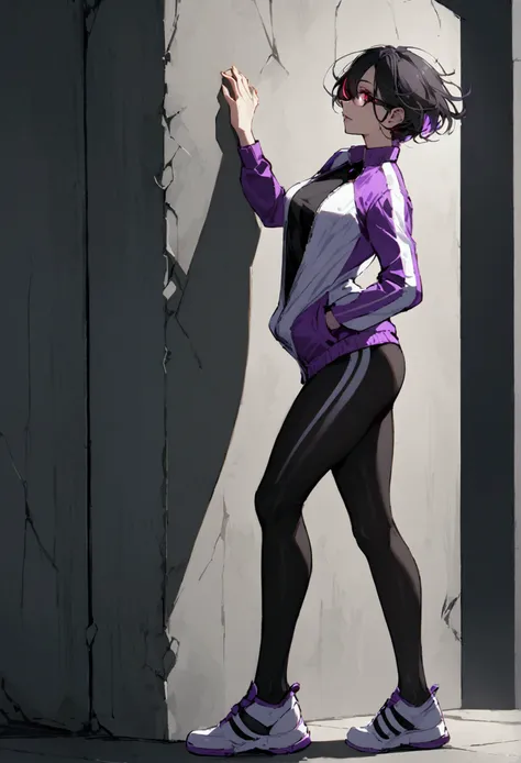 standing,alone,leaning against a broken wall,short hair,work of art,face detailed,beautiful young fitness woman with , in a gym wearing May with black pantyhose, white and purple tight short gym jacket. standing alone,red eyes glowing,Evil smile,legging pr...