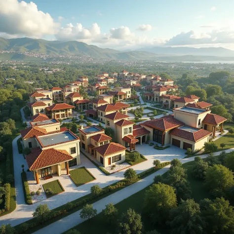  A render of the future development with different houses, departments, Non-futuristic Peruvian buildings and green areas with panoramic views in horizontal format .