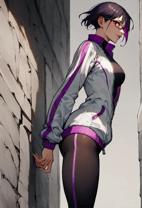 standing,alone,leaning against a broken wall,short hair,work of art,face detailed,beautiful young fitness woman with , in a gym wearing May with black pantyhose, white and purple tight short gym jacket. standing alone,red eyes glowing,Evil smile,legging pr...