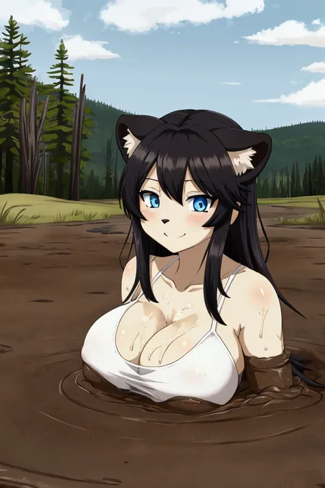 1girl, solo, furry puma girl, huge breast, black hair, blue eyes, white tanktop dress, spaghetti strap, partially submerged, in mud, flooding up to the chest, upper body, yellowstone park, seductive smile, anime face, hands up,