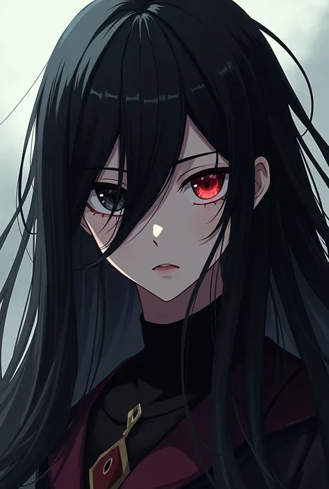 Anime　Long Black Hair　Red and black odd eyes　