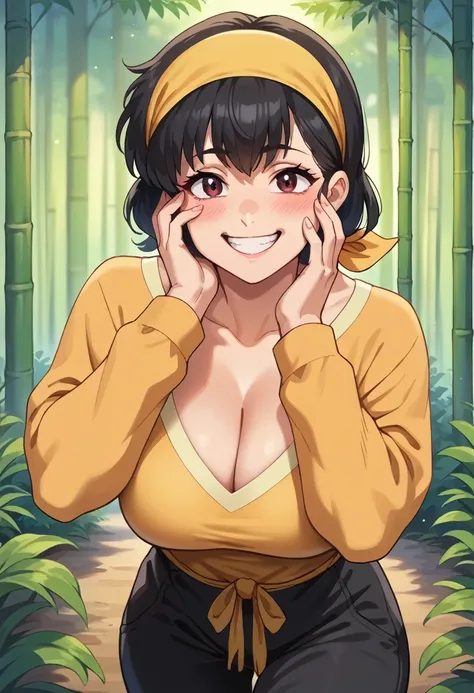 score_9, score_8_up, score_7_up, 1girl, solo, (milf:1.2), female focus, Ryouga Hibiki, black hair,(medium hair), bangs, brown eyes, yellow bandana, yellow shirt, long sleeves, cleavage, black pants, baggy pants, blushing,wicked smile, excited, hand on face...