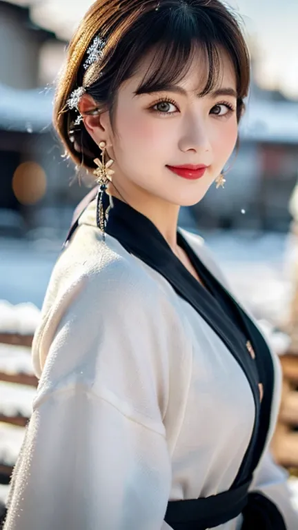 (1 girl, youthful gorgeous Lady,  brown_eyes, brown_hair, cross_earrings, earrings, jewellery, Ancient China, Traditional Hanfu, White Hanfu, Hanfu, natural pose in a snowy night,  

Detailed Beautiful face, Detailed Facial Features, dimples, Kind smile, R...