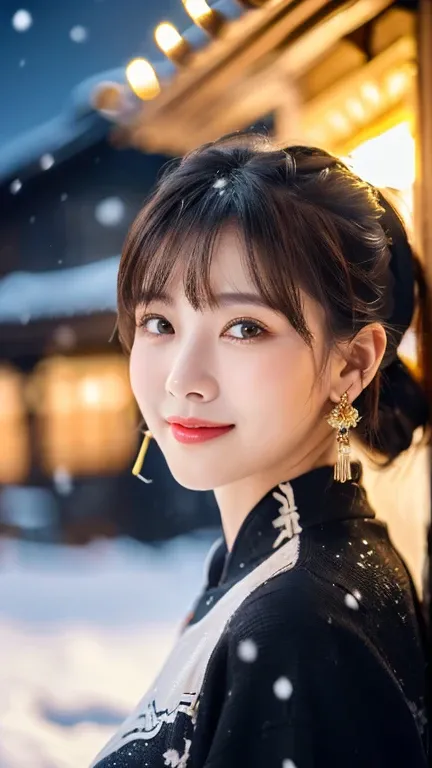 (1 girl, youthful gorgeous Lady,  brown_eyes, brown_hair, cross_earrings, earrings, jewellery, Ancient China, Traditional Hanfu, White Hanfu, Hanfu, natural pose in a snowy night,  

Detailed Beautiful face, Detailed Facial Features, dimples, Kind smile, R...