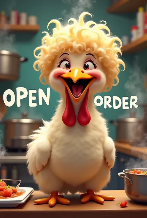 Image of a curly-haired chicken laughing with text "OPEN ORDER" with a kitchen background