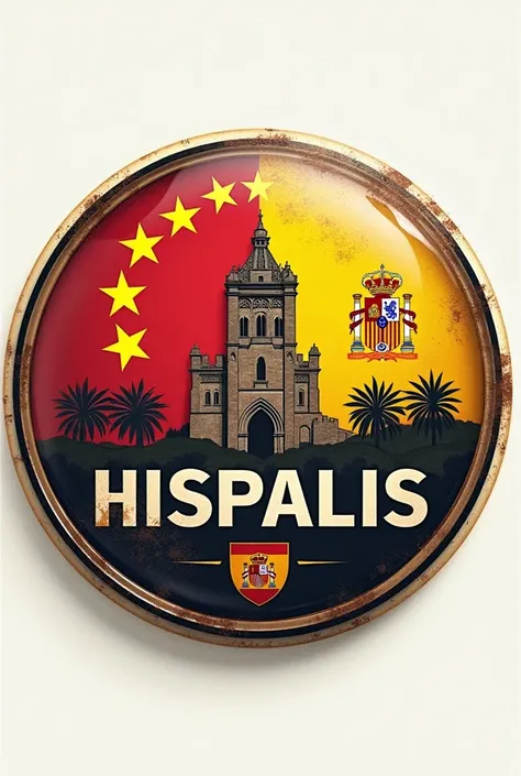 make me a football shield , that it has the flag of Spain and Andalusia each separately and the Giralda monument that says HISPALIS and in a retro style , that it is round, that it has no bottom, that it is transparent and without shine