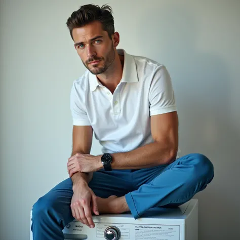 A white man,  model type, at 33 years old,  blue colored eyes, wearing a white polo shirt and blue pants, sitting sideways with his feet on top of a washing machine looking at the camera with a sexy look