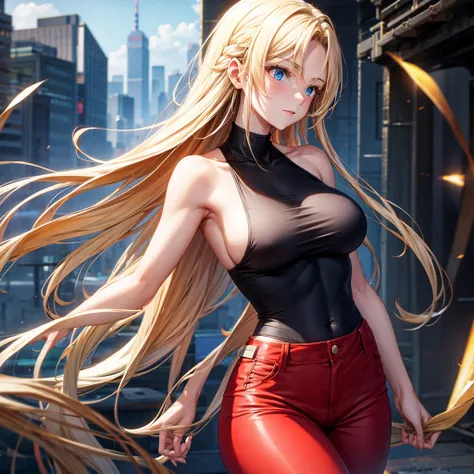 Solo, 1girl, Early 30s, long blonde hair, large heavy breasts, slender toned build, red tank top (braless) combat pants