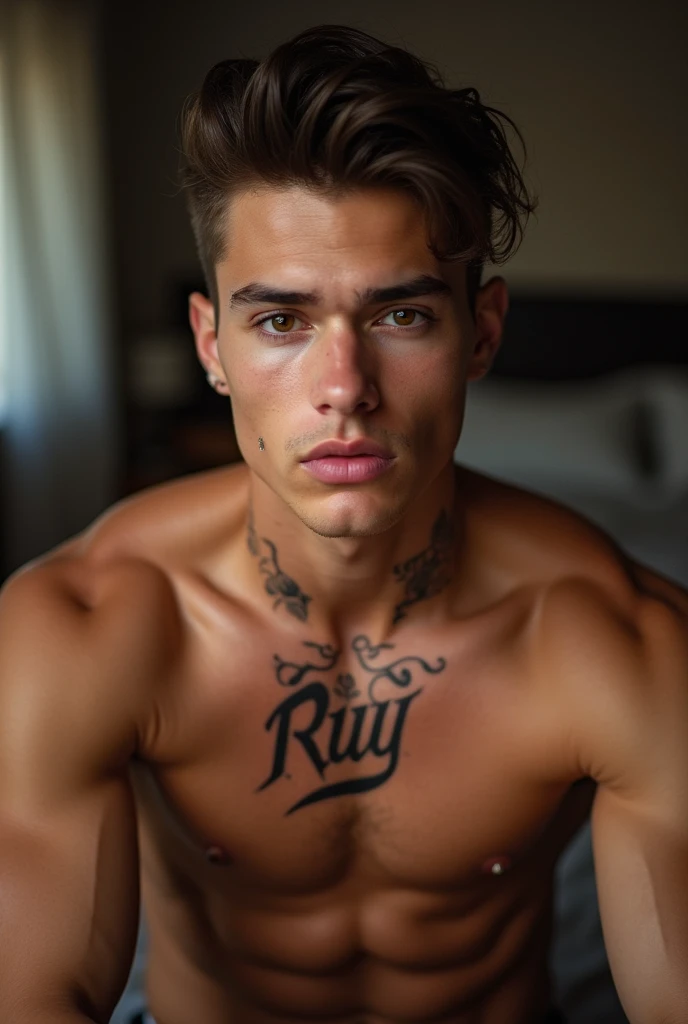 Young Handsome AI high quality realistic tattooed name ruy on neck muscular white skin tanned piercing gaze pink mouth with music bedroom background 