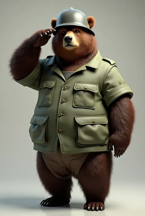 I created some images of a bear in a light green jacket and brown pants with a war helmet saluting