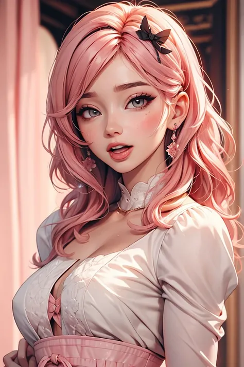 Full body photo, 1woman, Belle Delphine face, ahegao facial expression, ahegao eyes, ahegao tongue, sexy slut, slutty thick curvy body, small breast, royal outfit, long pink hair, matte color scheme