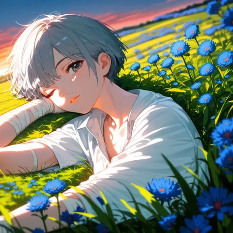 1，Gray short hair，Bangs cover one eye，Pure white shirt，bandage，Lying in a field of blue flowers，Sunset，Half squint，Impressionism，Movie lighting，Blurred foreground，Ray Tracing