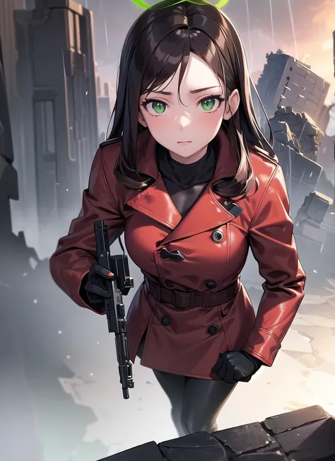 masterpiece, best quality, 1girl, green eyes, brown hair, mechanical legs, raincoat, black gloves, red coat, raining, sky, ruins, rifle, headset, rubble, android, long hair, halo,