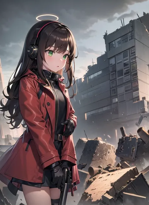 masterpiece, best quality, 1girl, green eyes, brown hair, mechanical legs, raincoat, black gloves, red coat, raining, sky, ruins, rifle, headset, rubble, android, long hair, halo,