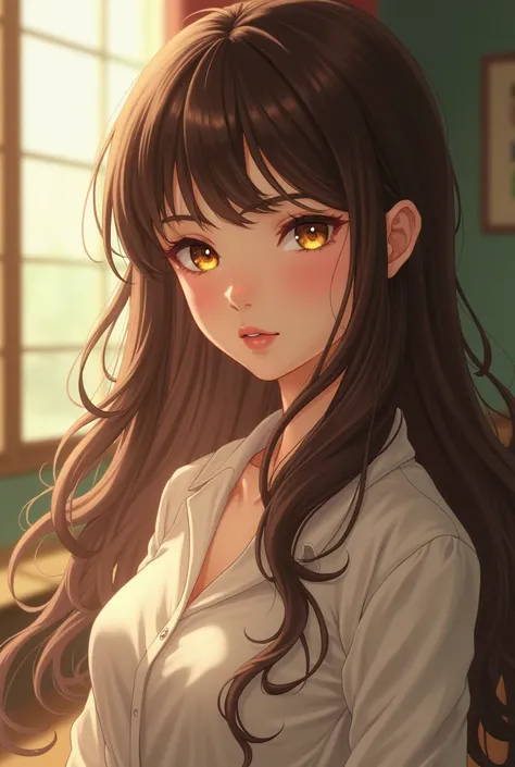 Girl with brown hair and yellow eyes, wears clothes from the 1950s. anime style.