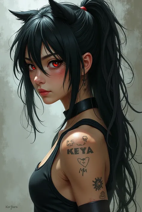 eyecolor: rot (Wet wet), offwhite (left).
kor: 19 Hair: Messy long hair in wolfcut, black with scattered white streaks.
cos: Athletic physique, with some scars spread across the body Face: Face with Asian phenotypes, com uma cicatriz de corte no olho left....