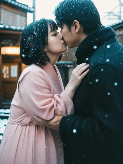 A Couple full shot, (best quality photo:1.5), 1girl and 1man, japanese, I am 35y a man in winter suit with short black hair, I meet my sweet and chubby girlfriend in kyoto traditional village, (carrying pose:1.3) while giving a romantic (real kiss:1.2), sh...