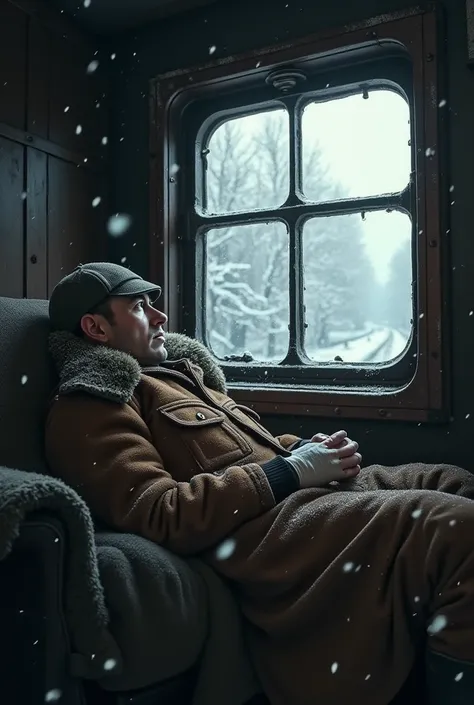 masterpiece, best quality,Soviet man，Steam locomotive cockpit，Lie on the window，Looking up，World War II，TRAIN STATION，About to travel，dimly lit scene，Dim Lights，Snow