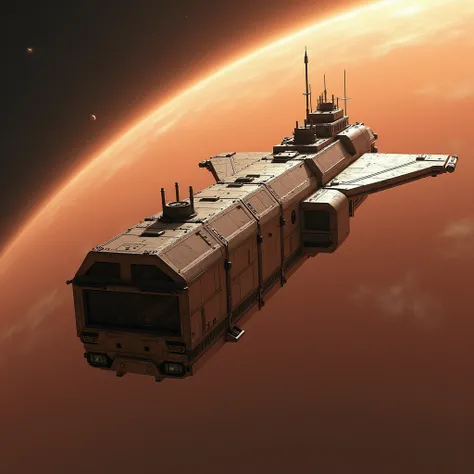 Supply carrier, shuttle ship, science fiction, low technology, Mars, satellite orbit, realistic, precision, masterpiece