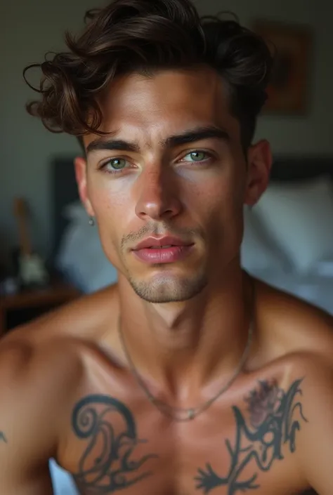 Young Handsome AI high quality realistic tattooed name ruy on neck muscular white skin tanned piercing gaze pink mouth with music bedroom background 