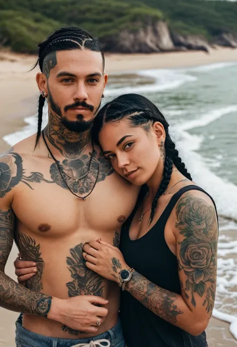 A realistic photo of a couple. He has tattoos on his chest and arms. He has short hair and a thin beard.. She has black hair with long braids. The two of them are on a beach. She looks at the camera