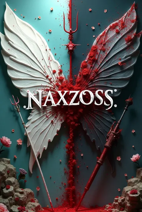 There is a white fantasy title "NAXZOSS" written on a half cutted white wing of a fairy. The wing is covered with blood. The background is half fairy land where fairies & some flowers and half background is devil land where devils & skeletons. A half cutte...