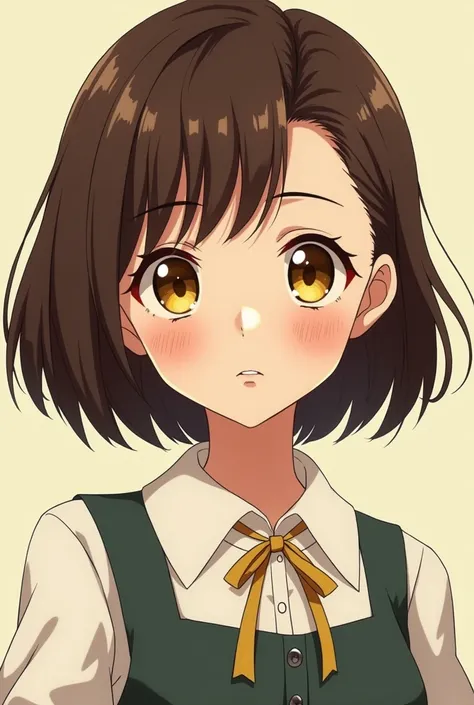 short hair girl, up to the middle of the neck, Her hair is brown and her eyes are yellow., wears clothes from the 1950s. anime style.