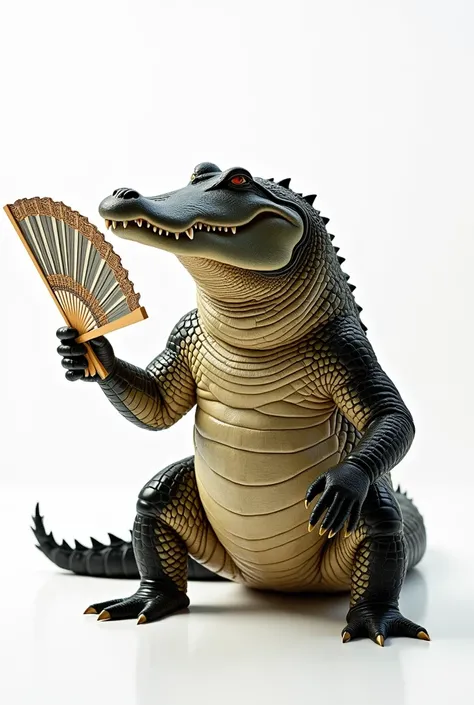 An alligator fanning itself with a fan on a white background