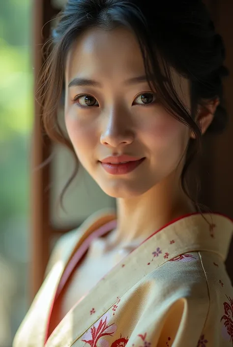 An elegantly dressed Japanese woman in natural light、A close-up of her chest and calm expression.、It shows her inner peace and outer charm.。