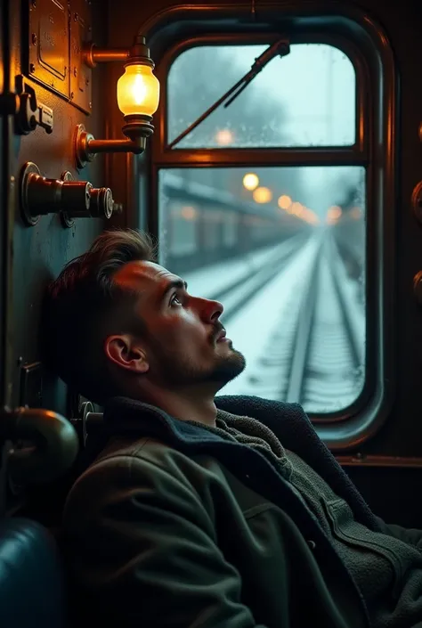 masterpiece, best quality,Soviet man，Steam locomotive cockpit，Lie on the window，Looking up，World War II，TRAIN STATION，About to travel，dimly lit scene，Dim Lights，Snow