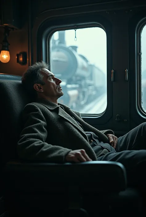 masterpiece, best quality,Soviet man，Steam locomotive cockpit，Lie on the window，Looking up，World War II，TRAIN STATION，About to travel，dimly lit scene，Dim Lights，Snow