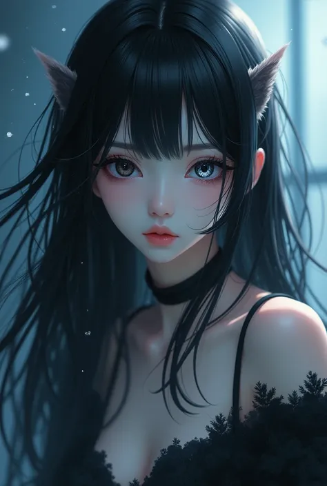 Anime　Long Black Hair　White Odd Eye　