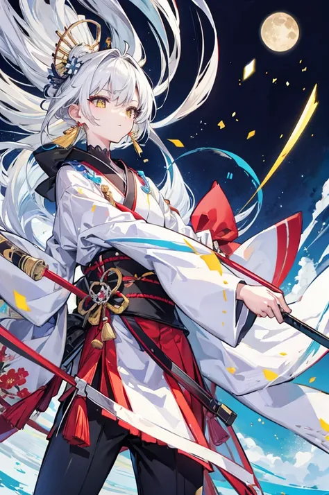 high quality, 16K, masterpiece :1.3　Ultra High Resolution　　No abnormalities in detail　Detailed face　　Male　neutral　cool　Small stature　White hair reaching down to the eyes　Yellow Eyes　kimono　Carrying a Japan sword on his waist　Tight eyes　Wearing earrings　Mal...