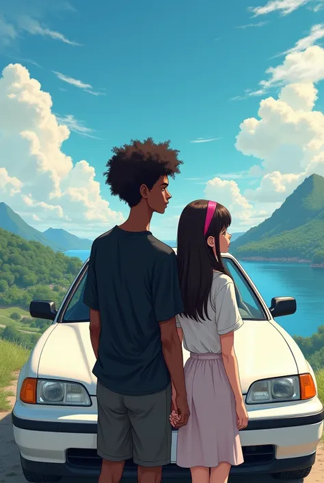 Couple leaning against a white 1995 Honda Civic coupe, envisioning a beautiful landscape. The husband is BLACK, has 1.73 tall and weighs 64kg. He has curly BLACK hair and dark brown hair cut like a jackfruit,  dark brown eyes and black loose shirt. the wom...