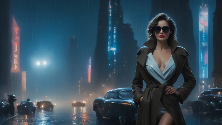 (Hyper-realistic photograph:1.4), Captivating scene under the rain at night on a rooftop, year 1937 cars on street, flying cars, a sexy slim woman, large breast cleavage, with short brown hair, three-quarters view, Black trench coat, (black sunglasses, hol...