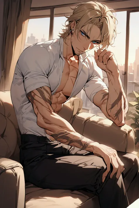 ((masterpiece, best quality)), highres, perfect anatomy, (Male body), DILF, ruggedly 40-years-old man, (Toned body), (Fair skin), dirty blonde hair, (combed back medium hair), piercing blue eyes, additional features, (has scars on arms), gentle stoic expre...