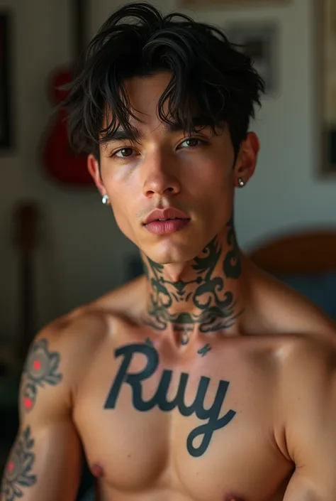 Young Handsome AI high quality realistic tattooed name “Ruy” on muscular neck white skin tanned piercing gaze pink mouth with music bedroom background 