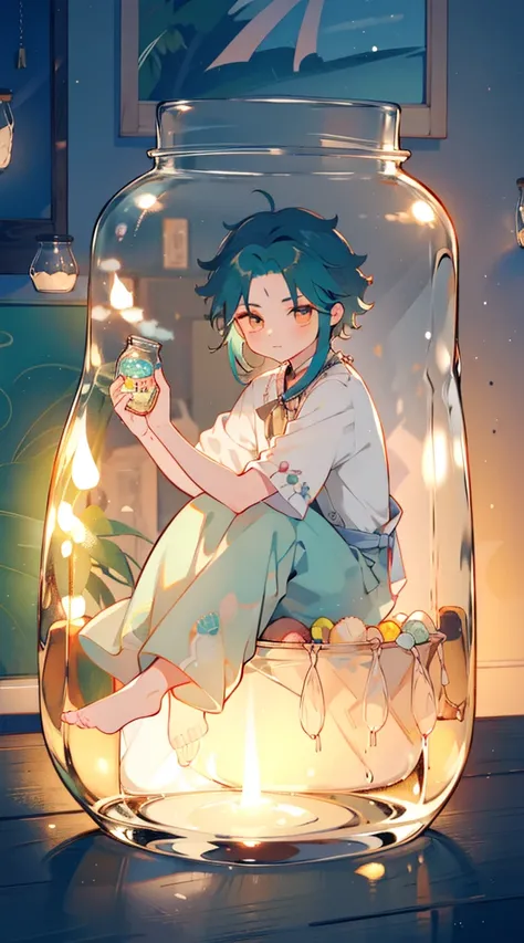 （（（（（（inside the jar））））））、a boy with、((((in a jar))))、charming、small, Happy atmosphere,, hat, Candy and Snacks, Gift, dark green hair,