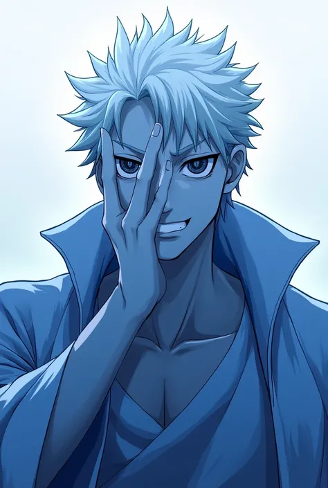 gojo satoru from jujutsu kaisen drawing with only the shade of color blue for the artwork no other colors, with a calm unique divine pose showcasing and emphasizing his eyes. one of his hand on his eye(six eyes) (male white hair)