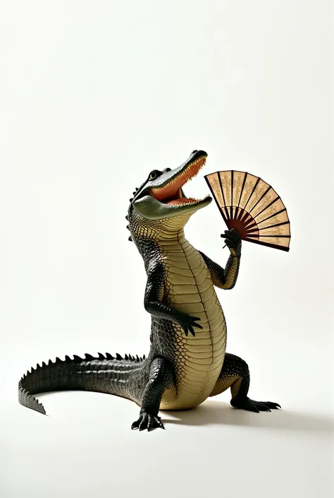 An alligator fanning itself with a fan on a white background