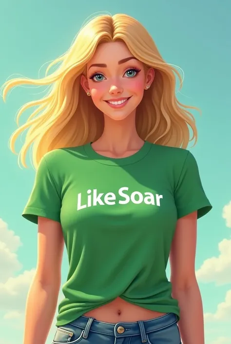 The female character who communicates for the website has the word LikeSoar on her t-shirt, has blonde hair and a green t-shirt.