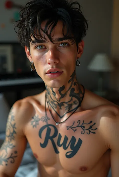 Young Handsome AI high quality realistic tattooed name “Ruy” on muscular neck white skin tanned piercing gaze pink mouth with music bedroom background 