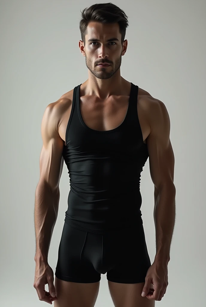 A  man in black trunk underwear and were black tank top under vest.
