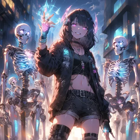 score_9_up, score_9, score_8_up, score_7_up, source_anime,masterpiece, best quality, high resolution, extremely detailed CG, absurdres, highres,In the cyberpunk city, several glowing mechanical skeletons are standing in front of a young girl. The girl, dre...