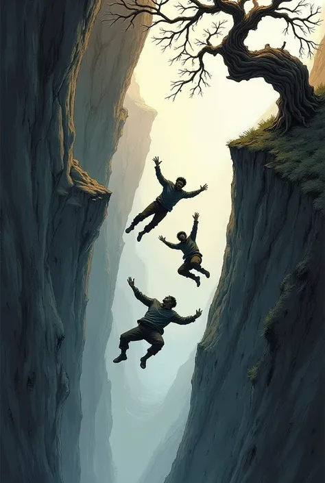 Three brothers falling into a chasm with a tree sketch