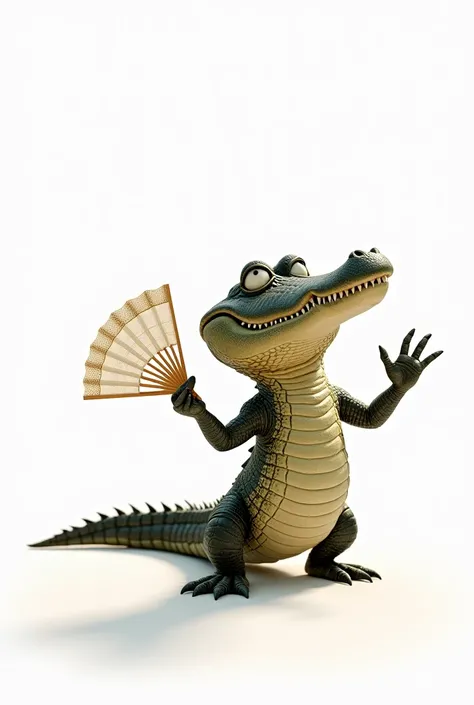 An alligator fanning itself with a fan on a white background