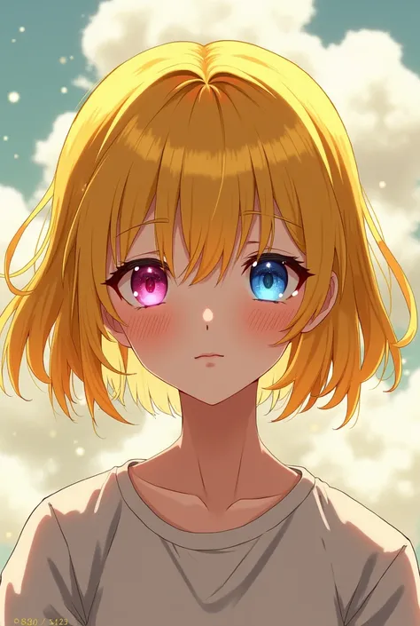 Anime　Yellow hair bob　Longer tactile sense　Blue right eye　Pink left eye　