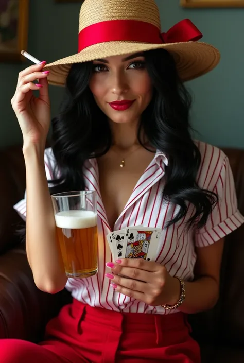 brunette woman long wavy black hair, aside, wearing a Panama short white hat, that almost covers his face with a red ribbon, wearing a white and red striped shirt casual short sleeve, holding a glass of beer and a deck of cards, wearing full-length red pan...