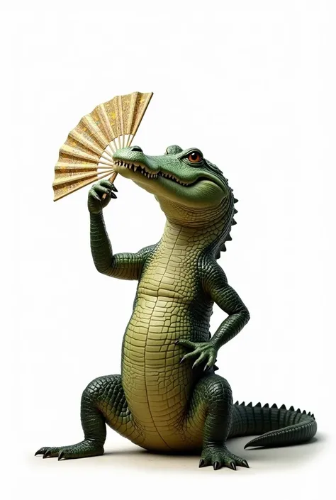 An alligator fanning itself with a fan on a white background