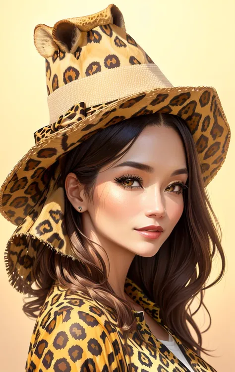 Close-up of a 40-year-old woman wearing a leopard print shirt and hat, sake